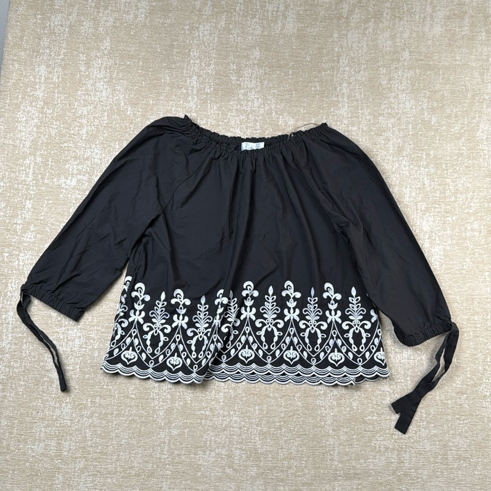 TIME & TRU Womens Black & White Relaxed Fit Embroidered Blouse Top Size XXL